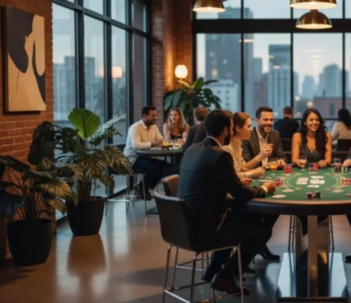 Ambiance d'événement blackjack dans un loft lumineux avec grande verrière
