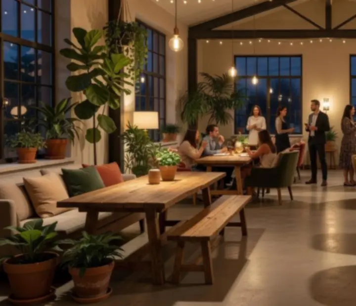Scénographie d’événement dans un loft aux murs en béton clair et bois naturel