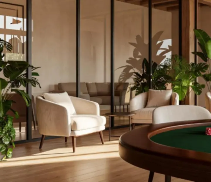 Ambiance loft naturel avec table de poker, bois clair et plantes