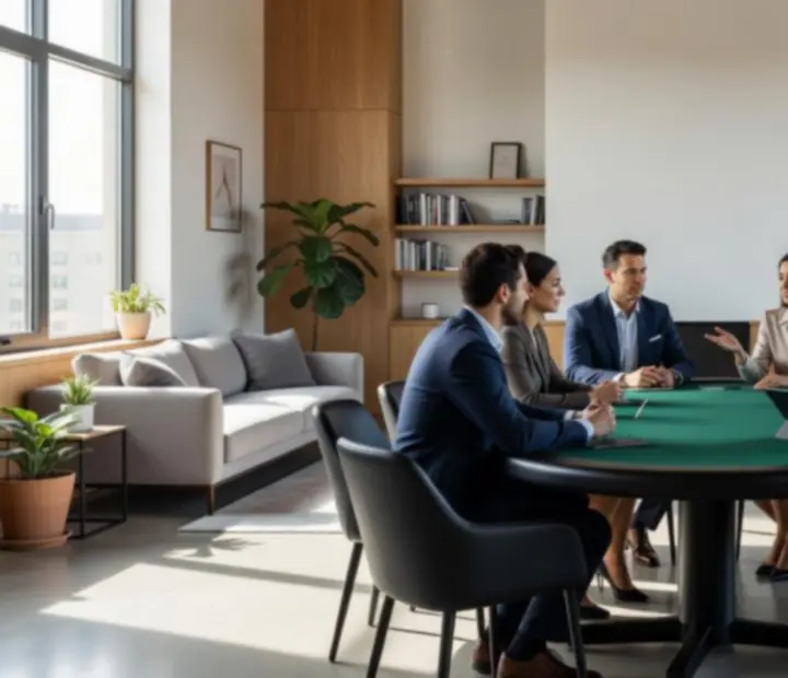 Table de poker dans un loft lumineux avec invités en pleine partie