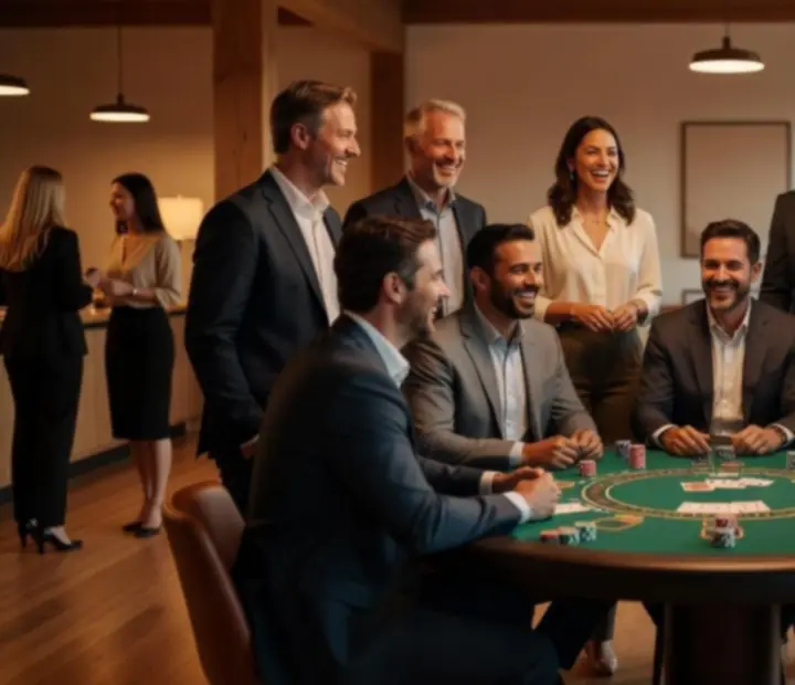 Groupe d'invités réunis autour d'une table de blackjack moderne