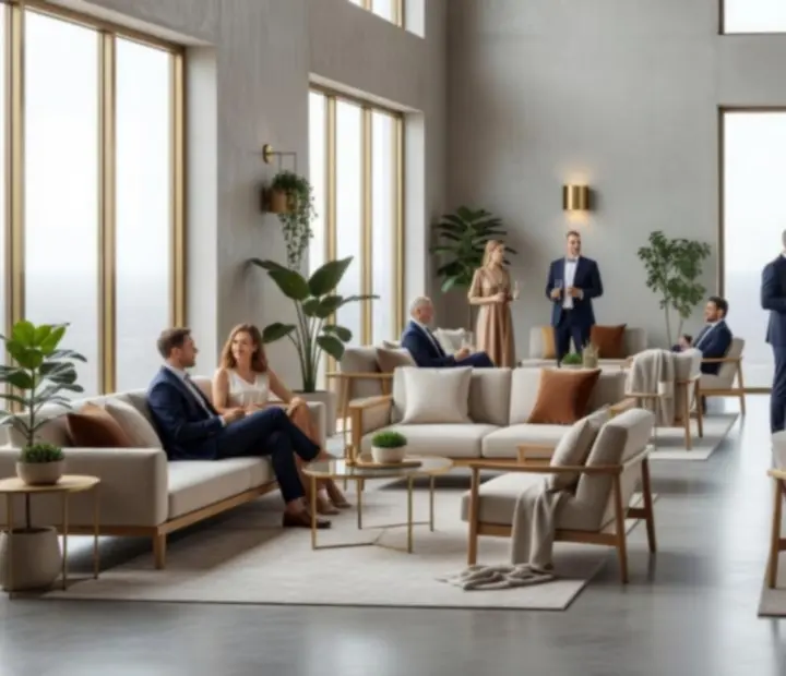 Espace événementiel lumineux au style loft avec grandes baies vitrées et tables de jeu élégantes