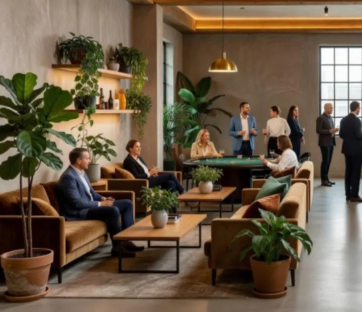 Ambiance de loft clair avec grandes verrières, bois naturel et plantes pour un événement