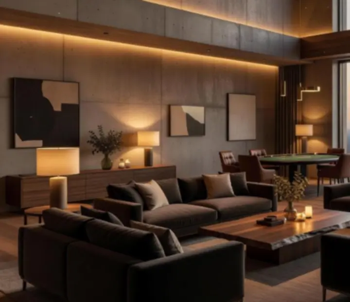 Ambiance loft lumineuse avec grandes verrières, bois naturel et mobilier contemporain pour un événement privé