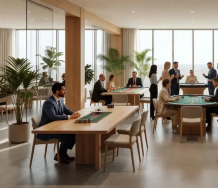 Événement d'entreprise dans un loft lumineux avec invités, tables de jeu élégantes et espaces lounge