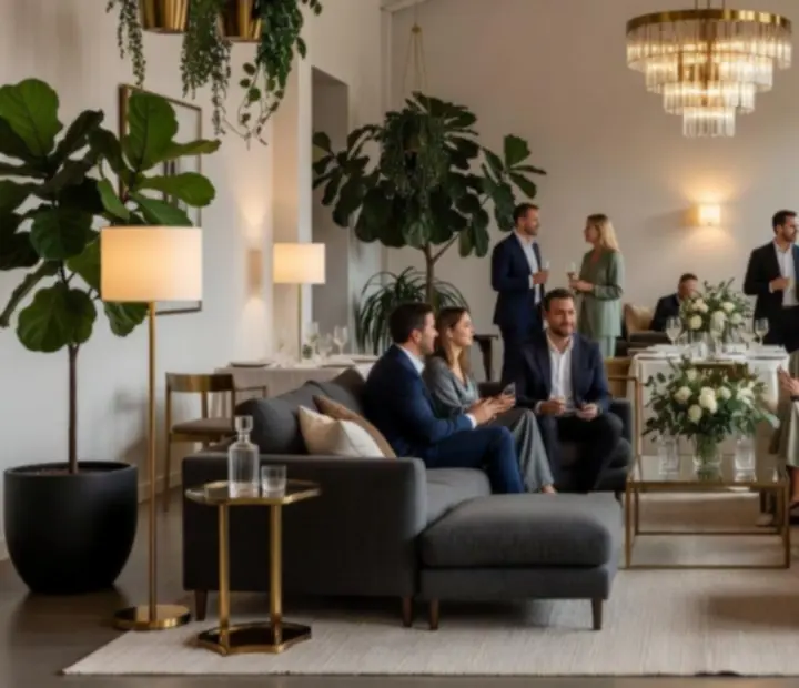 Espace lounge élégant avec lumière chaleureuse lors d'un événement