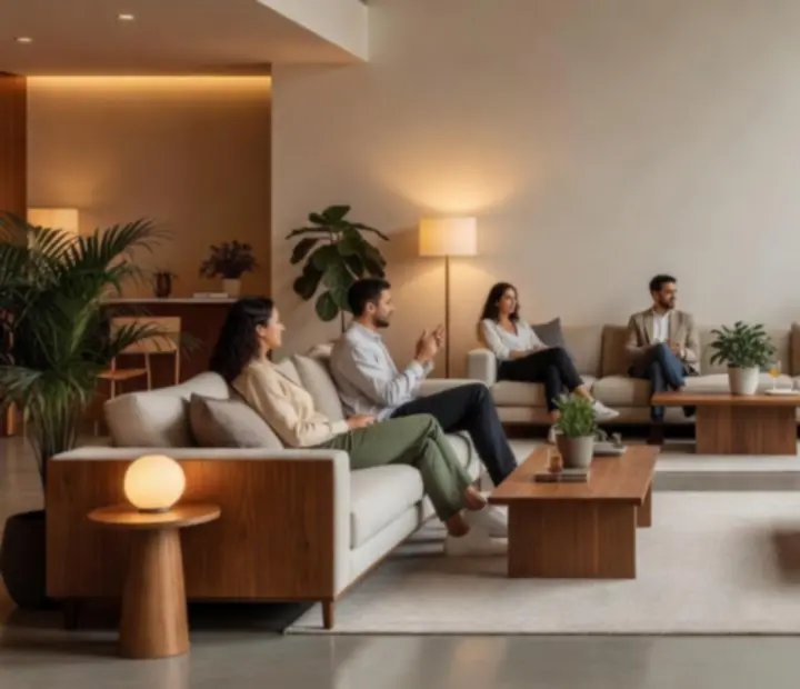 Espace lounge d’événement avec canapés, plantes et lumière chaleureuse