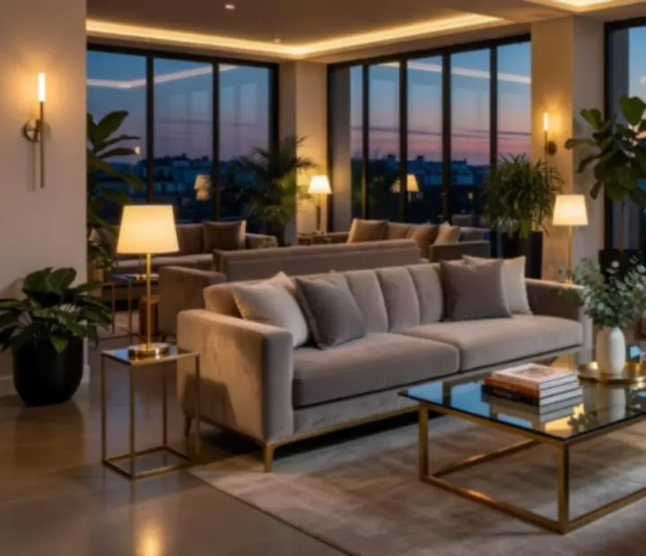 Espace lounge contemporain avec éclairage chaleureux pour une soirée thématique