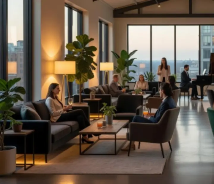 Espace lounge lumineux avec éclairage chaleureux et ambiance musicale pour un événement d'entreprise