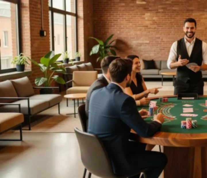 Maître de jeu expliquant les règles à des invités lors d’une animation événementielle