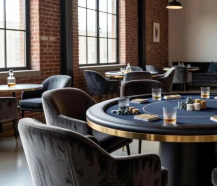 Table de poker dans un loft lumineux avec des invités en pleine partie