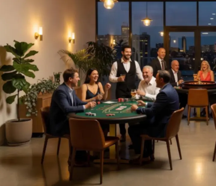 Montage d'ambiances privées avec verrières, tables de jeu élégantes, éclairages chaleureux et invités souriants