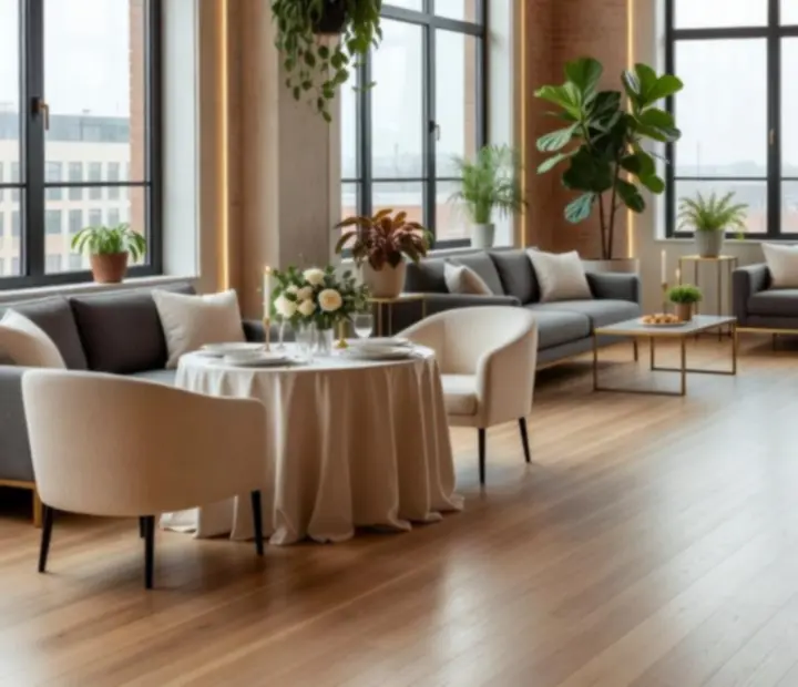Soirée privée lumineuse dans un loft élégant avec invités réunis autour de tables de jeu