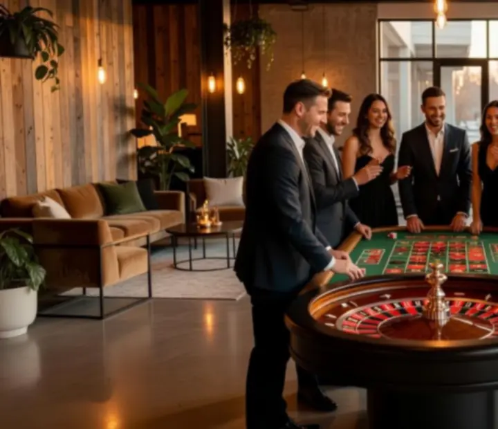 Invités rassemblés autour d’une table de roulette dans un loft moderne