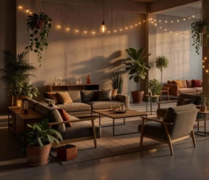 Scénographie d'événement au style loft avec mobilier contemporain et végétation