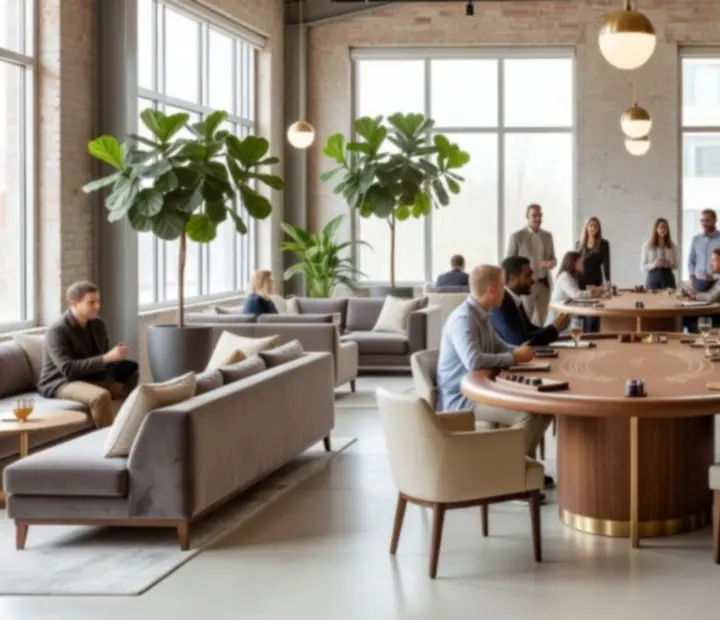 Table de blackjack dans un loft lumineux avec grandes verrières et invités réunis